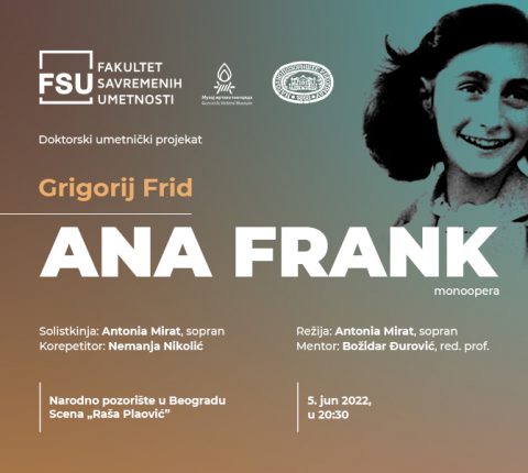 Monoopera „Ana Frank” na Sceni „Raša Plaović” Narodnog pozorišta u nedelju, 5. juna